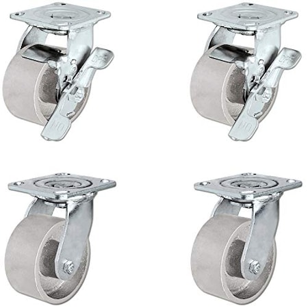 Casterhq 4"x2" Steel Casters, 4 Swivel Casters W/Brakes, 2,800 lbs Cap., PK4 30TS420SS84S-03-2S